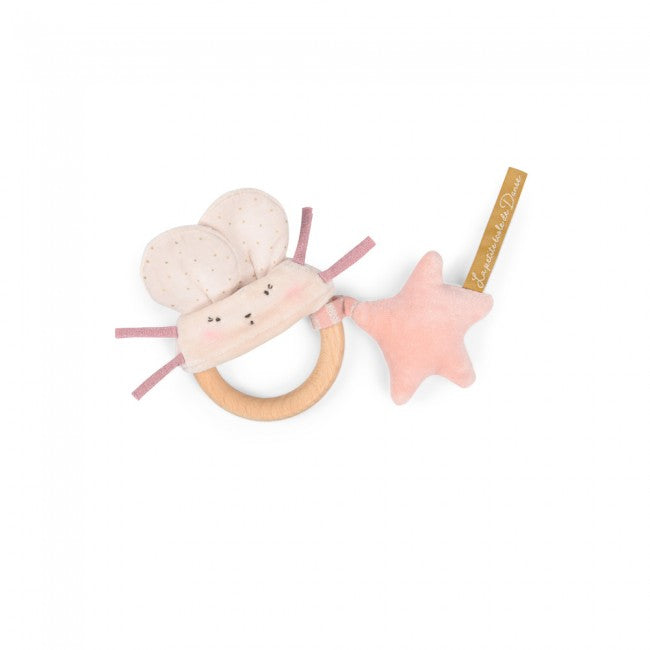 Pink Mouse Wooden Ring Rattle