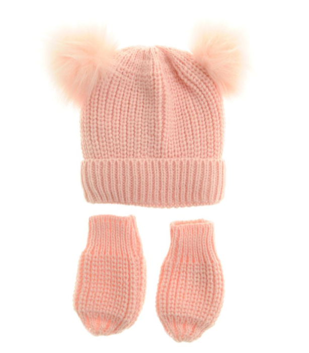 Pink Double Bobble Hat and Mittens