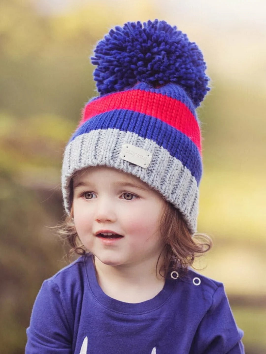 Red and Blue Striped Bobble Hat