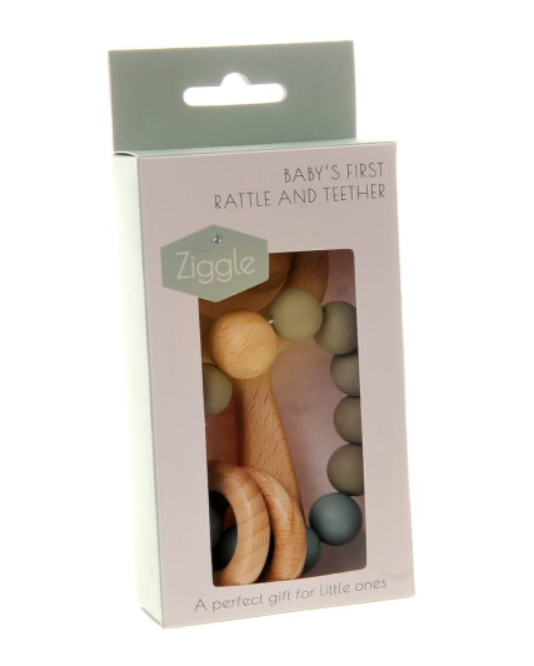 Wooden Teether and Rattle - Blue Grey