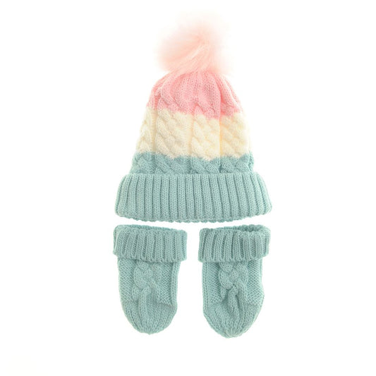 Pink & Mint Cable Knit Bobble Hat and Mittens