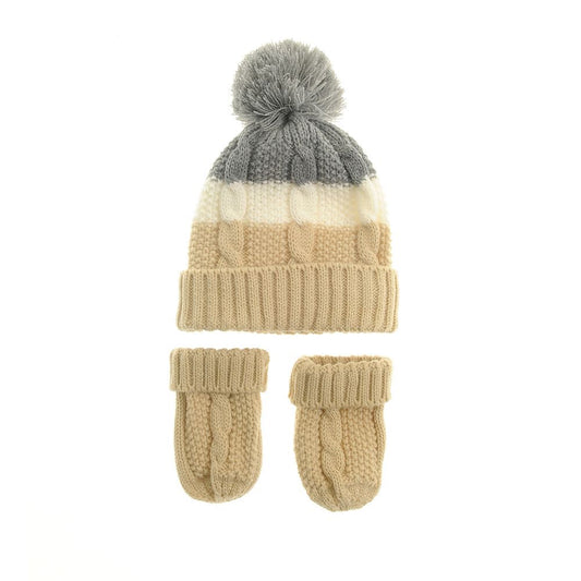 Beige & Cream Cable Knit Bobble Hat and Mittens