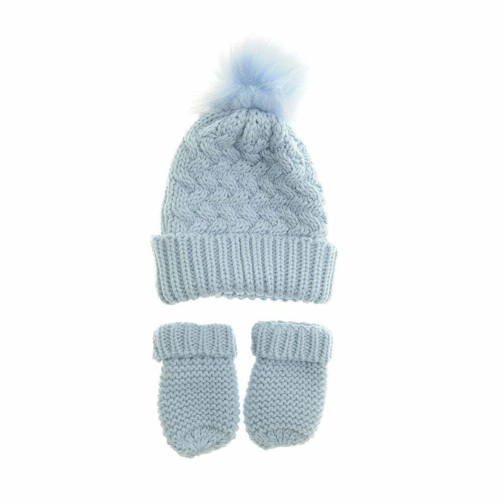 Blue Woolly Bobble Hat and Mittens