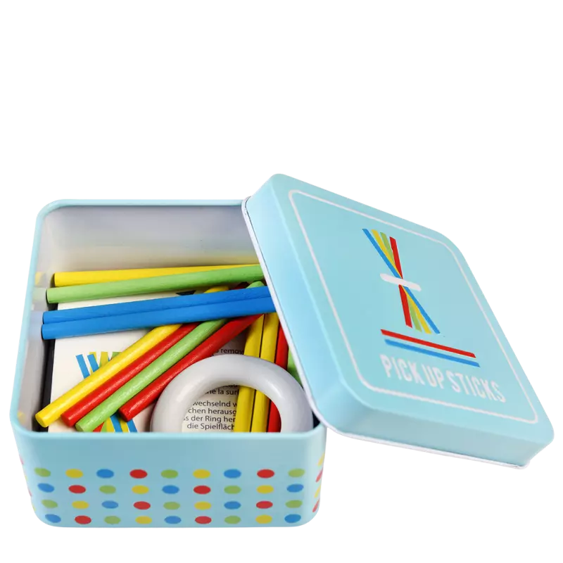 Wooden Pick Up Sticks in a Tin